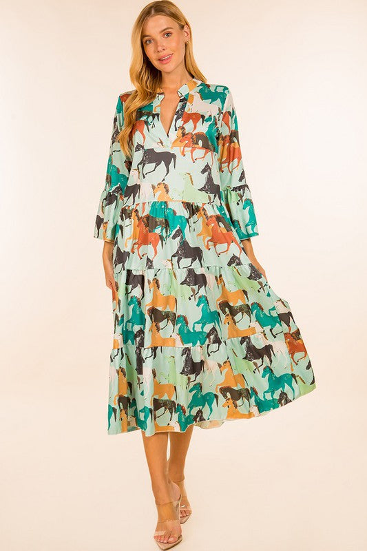 horse dress women Light Blue Print Maxi perfect for autumn. Wedding Guest Modest Semi Pack Size:Single tag:bestselling_sets
