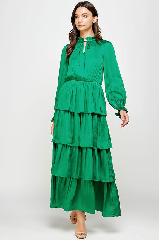 Tiered Ruffled Long Slv Satin Maxi Peacocks & Pearls Lexington Tiered Ruffled Long Slv Satin Maxi Peacocks & Pearls Lexington