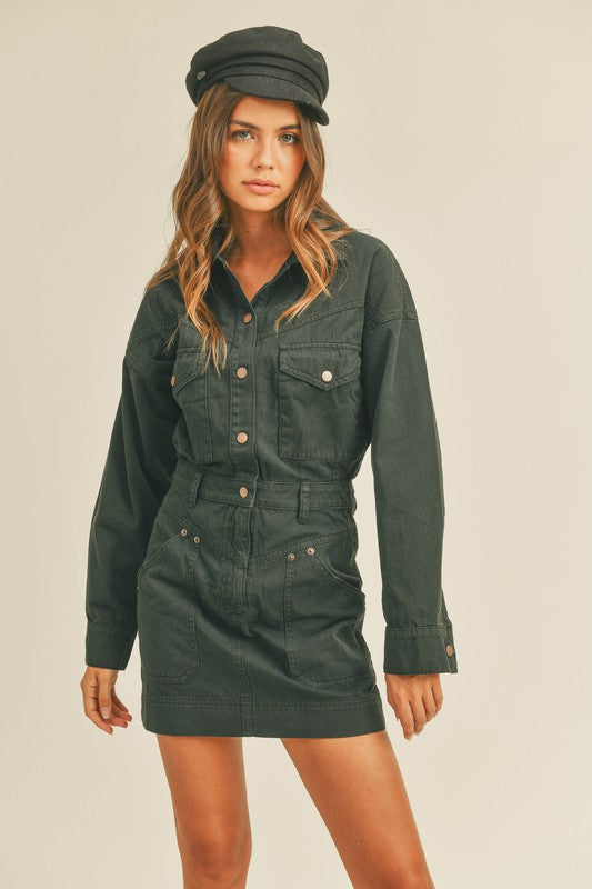 army denim dress Dark Army Green Denim Thick Strap Midi Dress