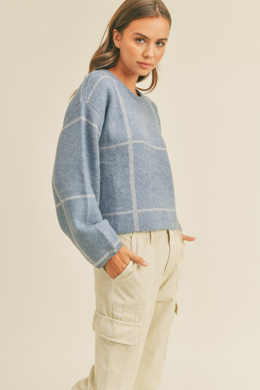 Blue/White Grid Sweater Clothing Miou Muse   