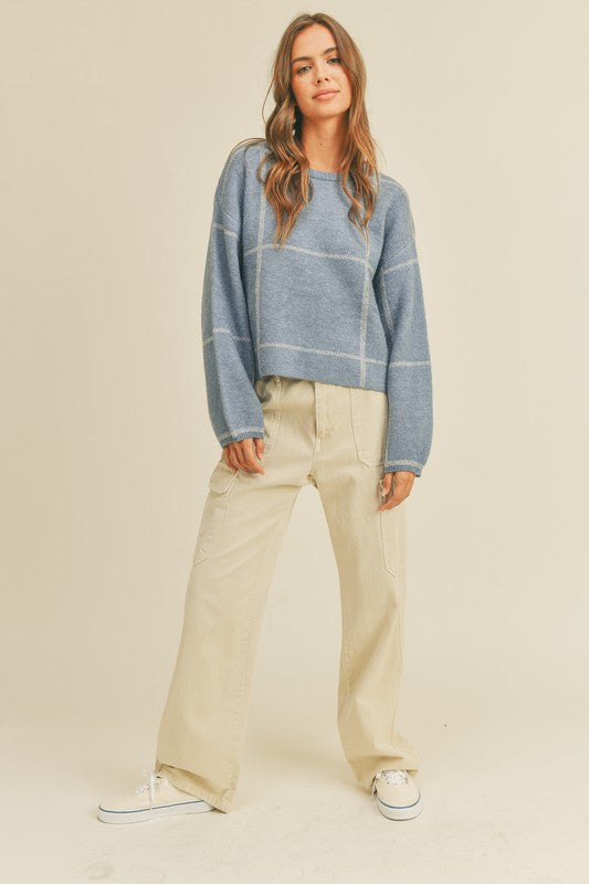 Blue/White Grid Sweater Clothing Miou Muse   