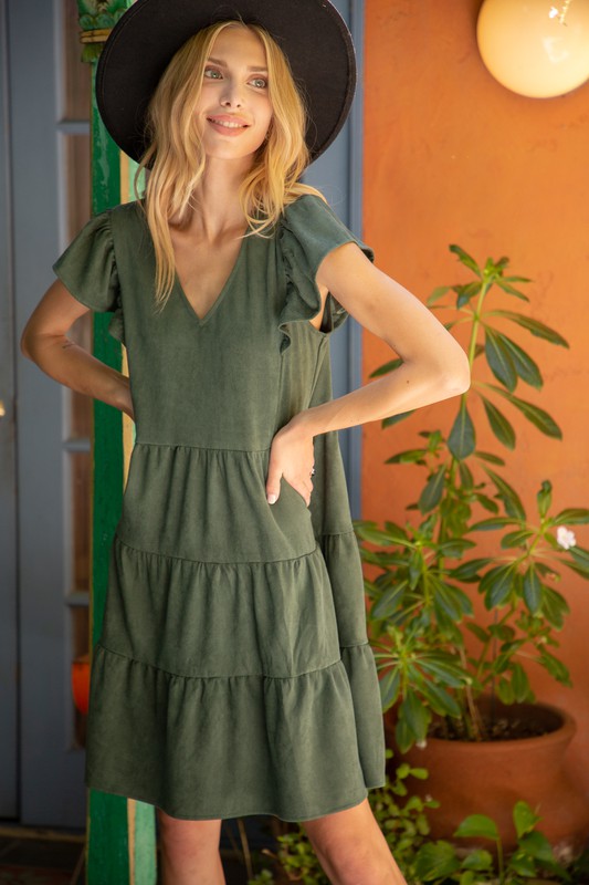 Short Flutter Sleeve Tiered Suede Dress Short Flutter Sleeve Tiered Suede Dress