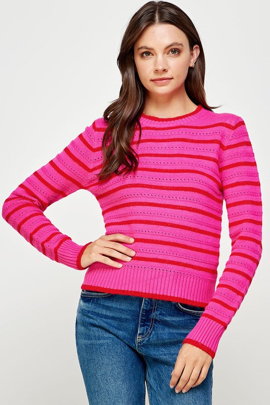 Pink/Red Striped Mini Eyelet Sweater Clothing Strut & Bolt   