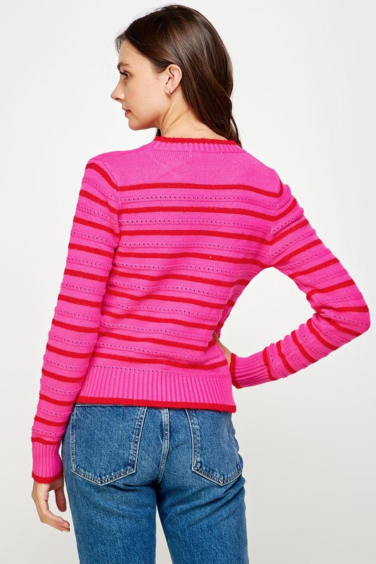 Pink/Red Striped Mini Eyelet Sweater Clothing Strut & Bolt   