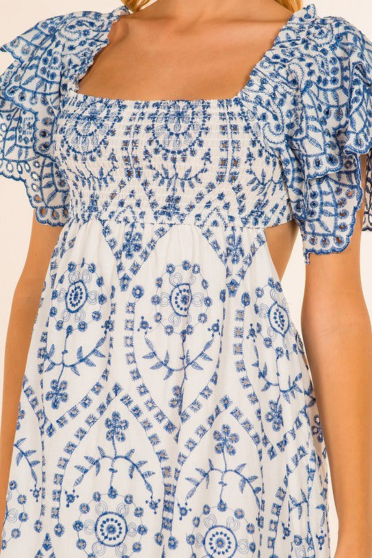 Blue/White Embroidered Eyelet Midi Dress Peacocks & Pearls Lexington Blue/White Embroidered Eyelet Midi Dress Peacocks & Pearls Lexington