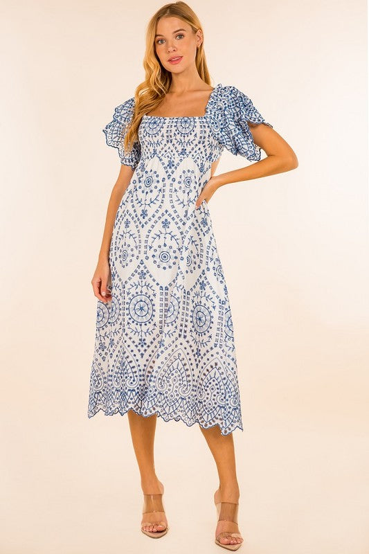 Blue/White Embroidered Eyelet Midi Dress Peacocks & Pearls Lexington Blue/White Embroidered Eyelet Midi Dress Peacocks & Pearls Lexington