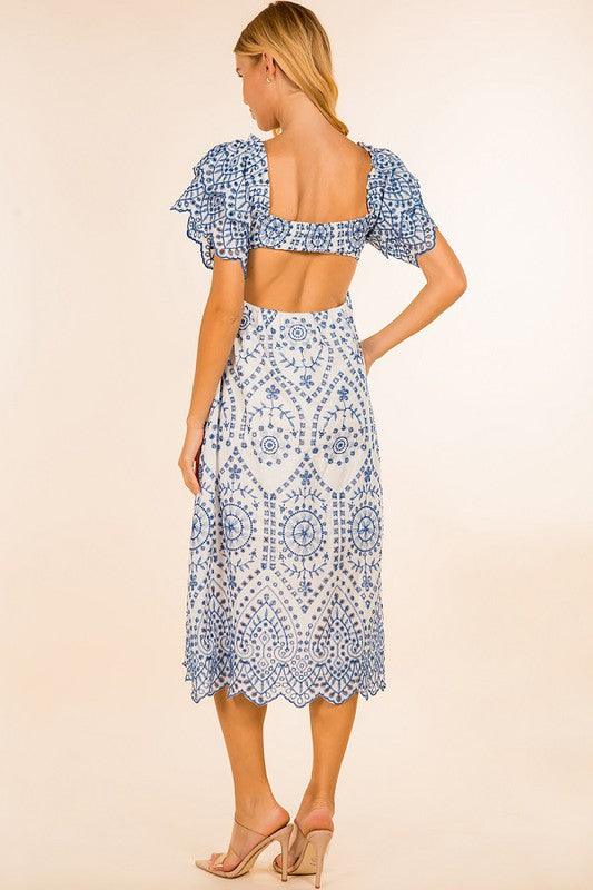 Blue/White Embroidered Eyelet Midi Dress Blue/White Embroidered Eyelet Midi Dress