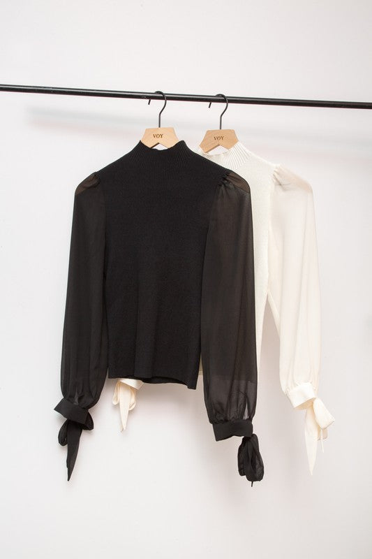 Light Mock Neck Sweater with Sheer Sleeves Clothing Voy Black S 