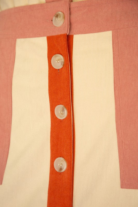 Cream/Pnk/Rust Color Block Corduroy Skirt Clothing Voy   