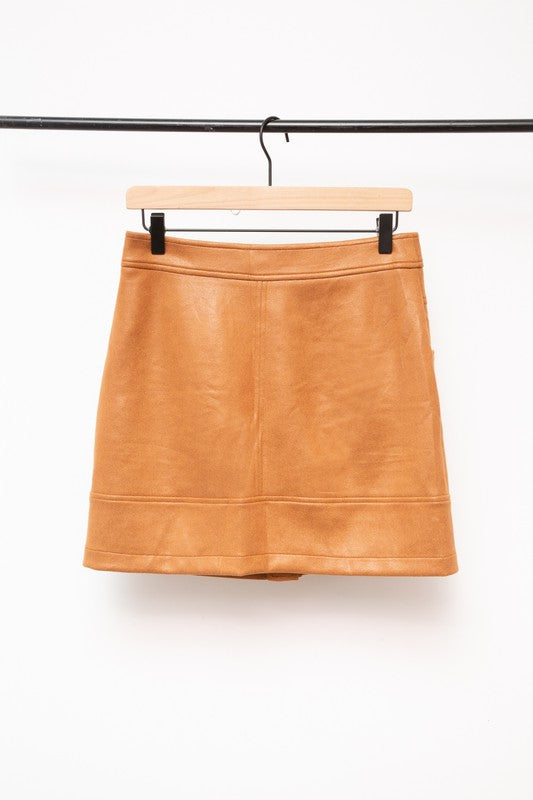 Camel Faux Leather Covered Button Mini Skirt Clothing Voy   