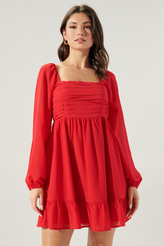 Red Babydoll L/S Pleated Bodice Dress Clothing SugarLips   