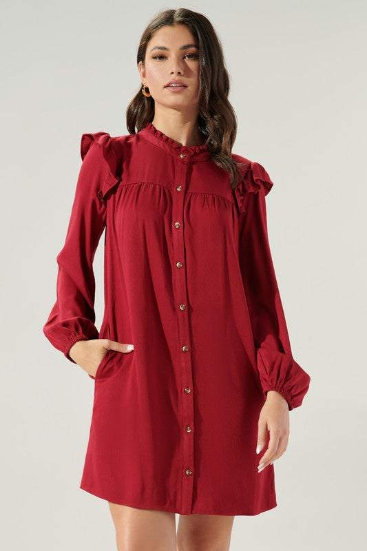 Burgundy Button Up Ruffle Dress Clothing SugarLips   