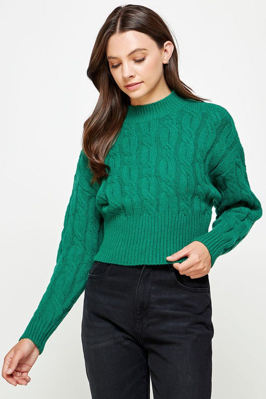 Cable Knit Mock Neck Bottom Rib Sweater Clothing Strut & Bolt Green S 