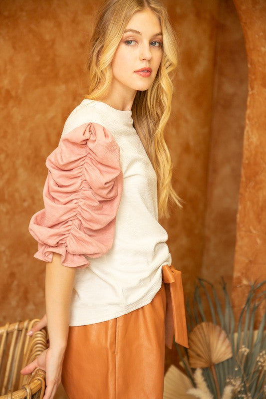 Pink/Cream Color Block Puffed Sleeve Top Clothing Voy   