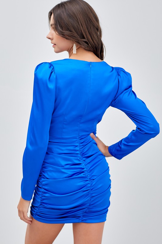 Royal Blue Satin Lng Slv Ruched Dress Clothing Do+Be   