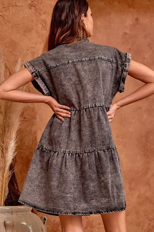 Collared Denim Tiered Rolled Cap Sleeve Dress Clothing Andree   
