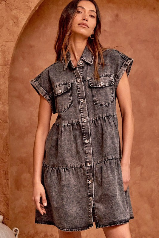 Collared Denim Tiered Rolled Cap Sleeve Dress Clothing Andree Charcoal S 