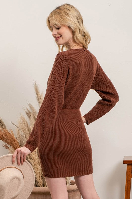 Brown V-neck Sweater Lng Slv Dress Clothing Blu Pepper   