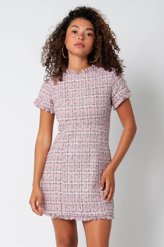 Pink Sparkle Tweed Dress Clothing Olivaceous   