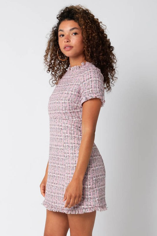 Pink Sparkle Tweed Dress Clothing Olivaceous   