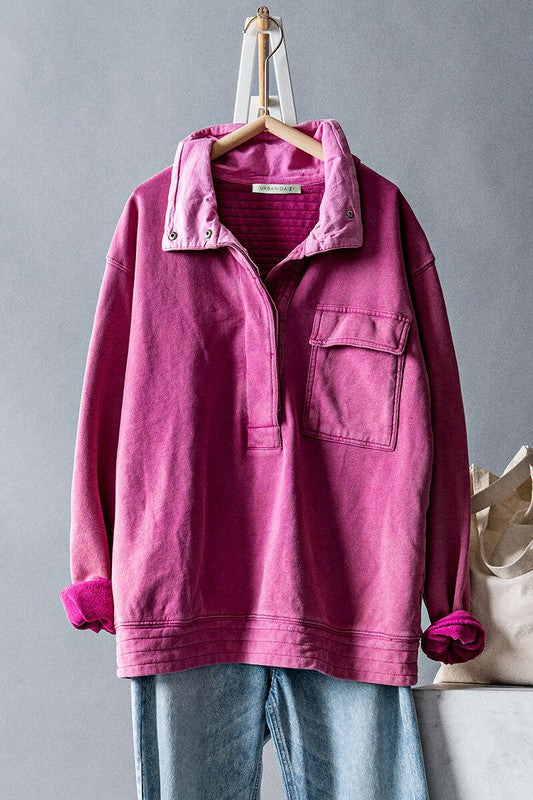 Collared Snap Button Washed Sweatshirt Clothing Trend:Notes Pink S 