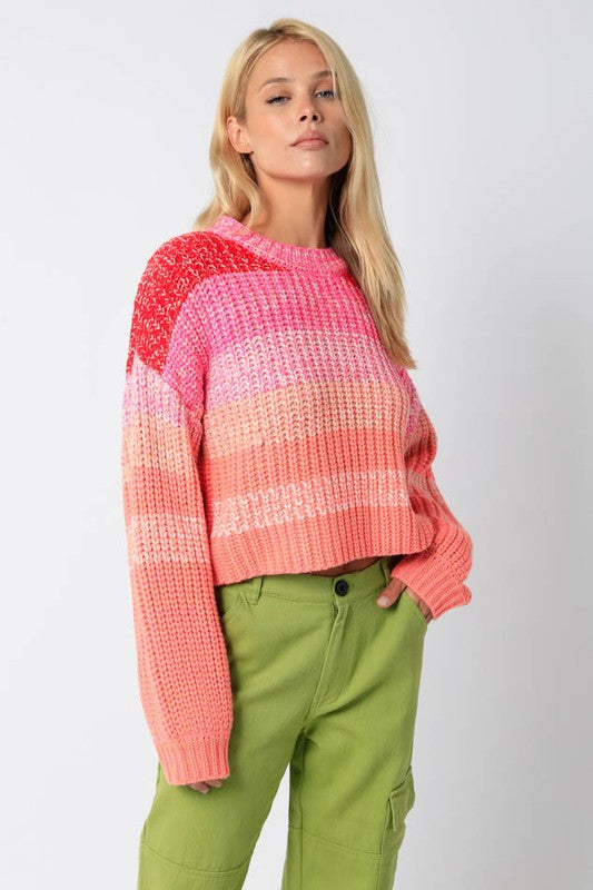 Pink Combo Striped Crew Neck Sweater Clothing Olivaceous   