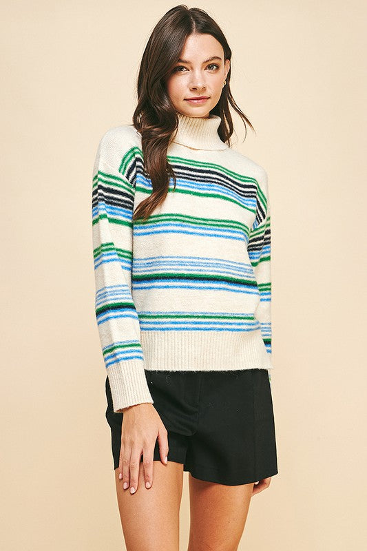 Green Stripe Cream Turtleneck Sweater Clothing Pinch   
