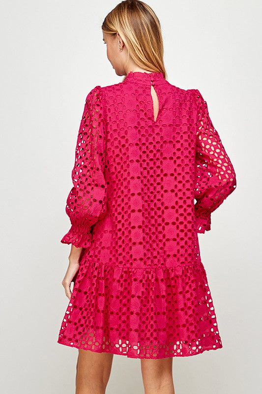 Hot Pink Eyelet Lng Slv Dress Clothing See And Be Seen   