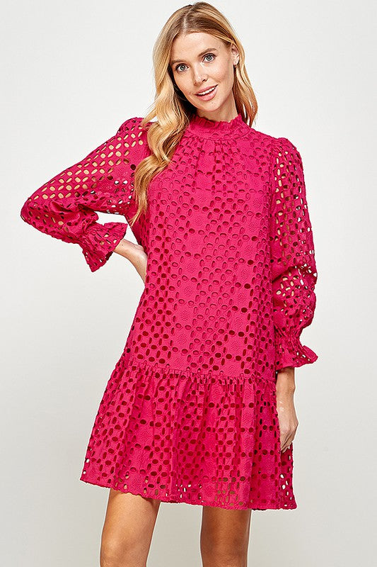Hot Pink Eyelet Lng Slv Dress Hot Pink Eyelet Lng Slv Dress