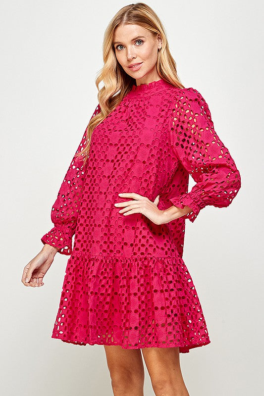 Hot Pink Eyelet Lng Slv Dress Clothing See And Be Seen   