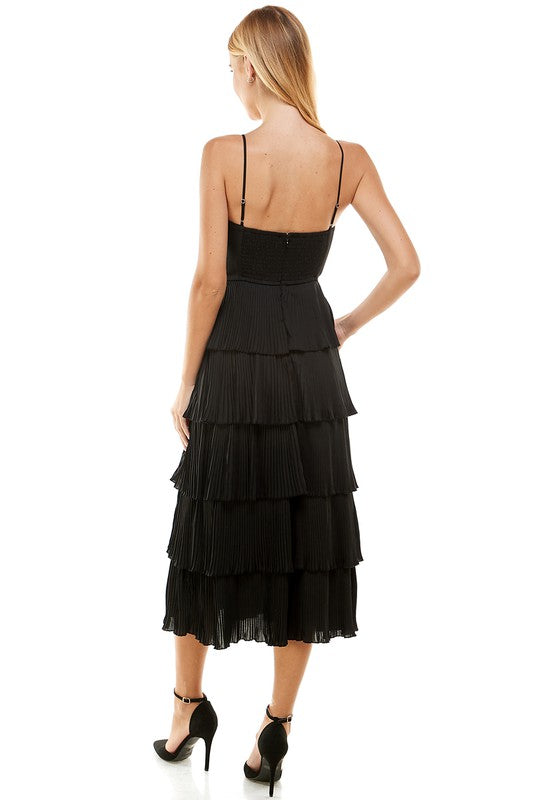 Black Tiered Pleated Midi Dress Clothing TCEC   