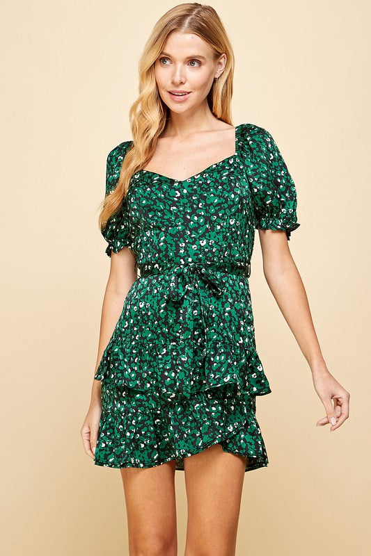 Green Floral Puff Slv Ruffle Dress Clothing TCEC   