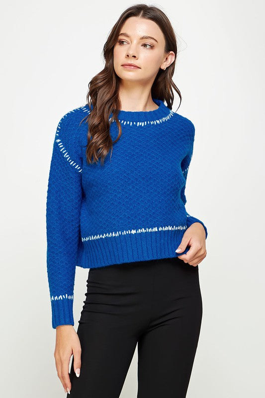 Embroidered Neckline Textured Sweater Clothing Strut & Bolt Royal S 