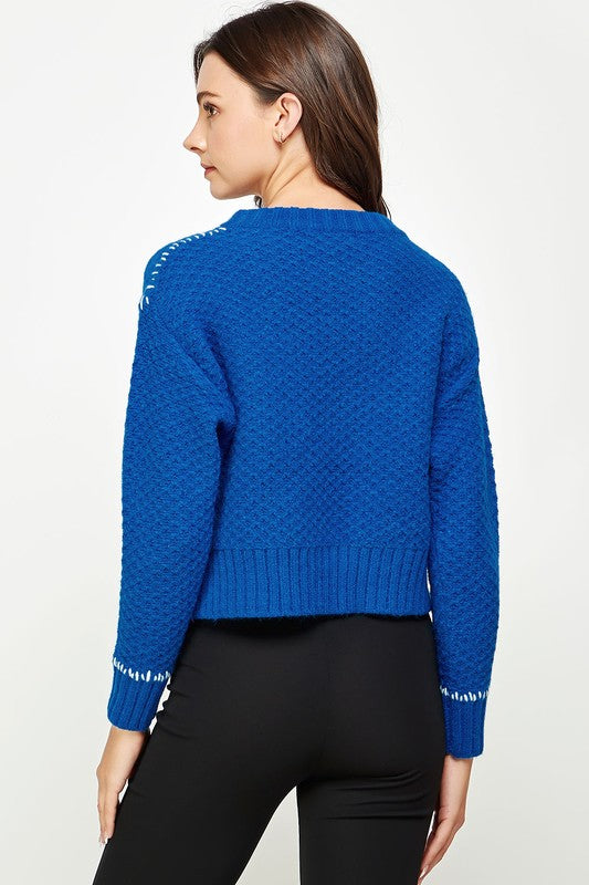 Embroidered Neckline Textured Sweater Clothing Strut & Bolt   