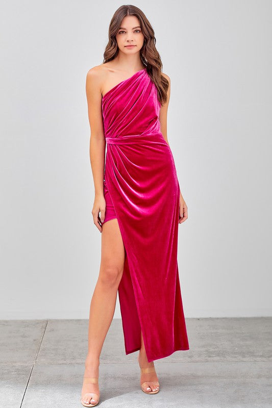 Pink Velvet One Shoulder Maxi Dress Clothing Do+Be   
