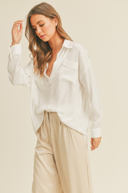 White Collared Pocket Lng Slv Top Clothing Miou Muse   