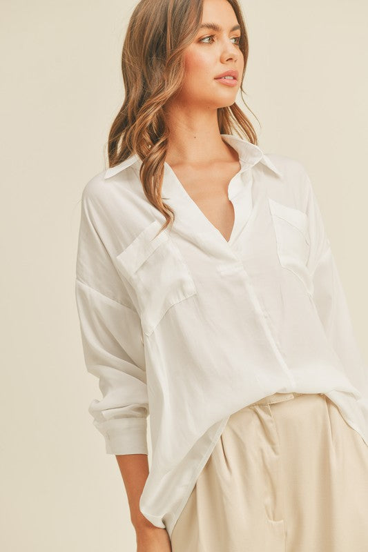 White Collared Pocket Lng Slv Top Clothing Miou Muse   