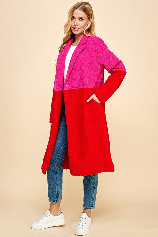 Pink/Red Color Block Faux Fur Coat Clothing Pretty Follies   