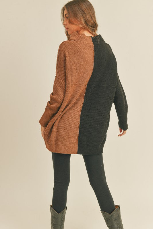 Brown/Black Colorblock Tunic Neck Sweater Clothing Miou Muse   