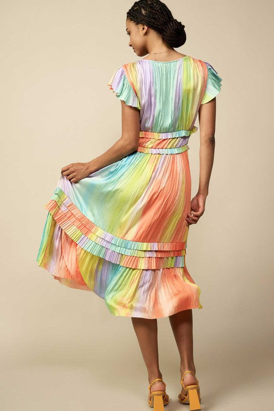 rainbow pleated dress 1960s Rainbow Striped Pleated Dress
