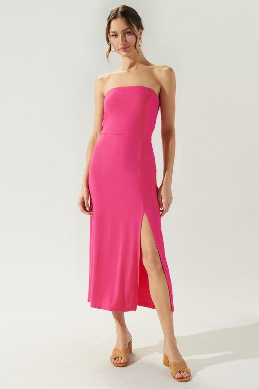 Strapless Bodycon Midi Dress Clothing SugarLips Pink XS 