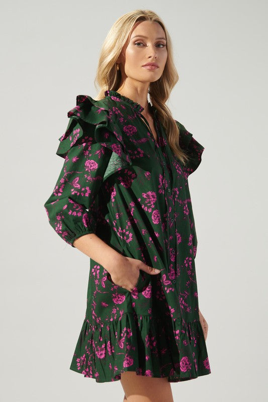 Green/Pink Floral 3/4 Slv Ruffle Dress Clothing SugarLips   