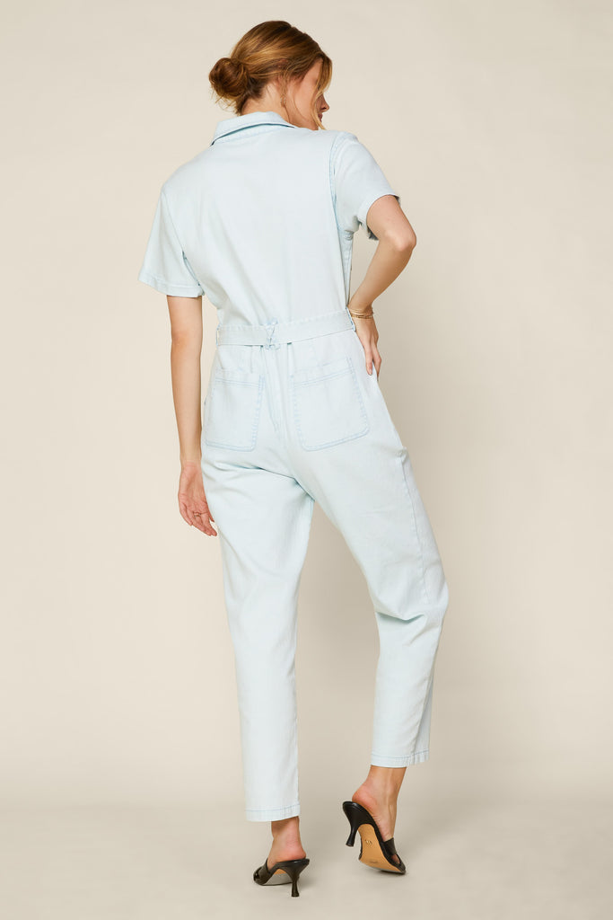 Blue S/S Washed Waist Tie Jumpsuit Clothing Skies Are Blue   