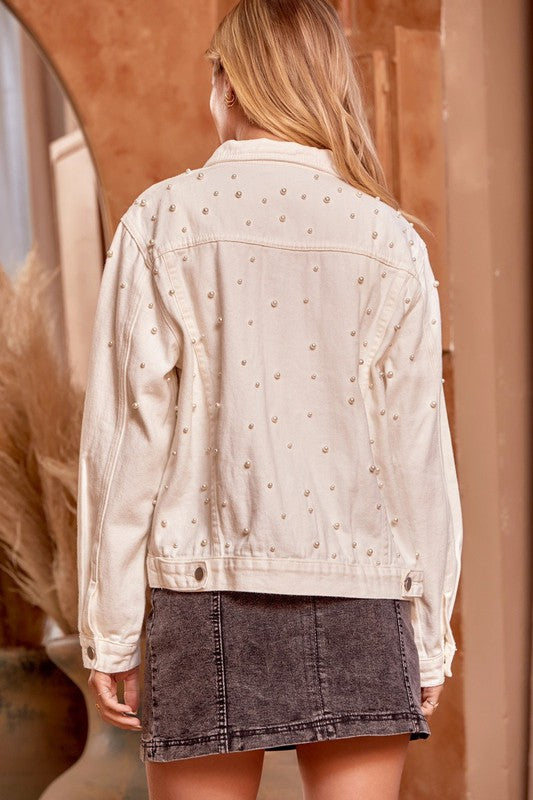 White Pearl Detail Denim Jacket Clothing Andree   
