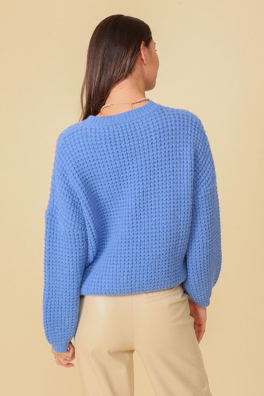 Blue Waffle Knit Round Neck Sweater Clothing Lumiere   