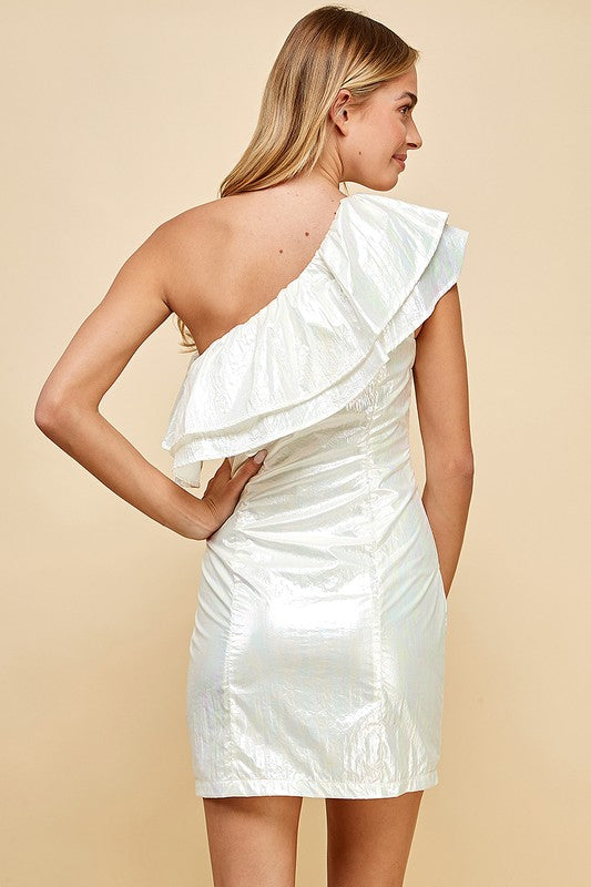 White Metallic One Shoulder Ruffle Dress Clothing Pretty Follies   