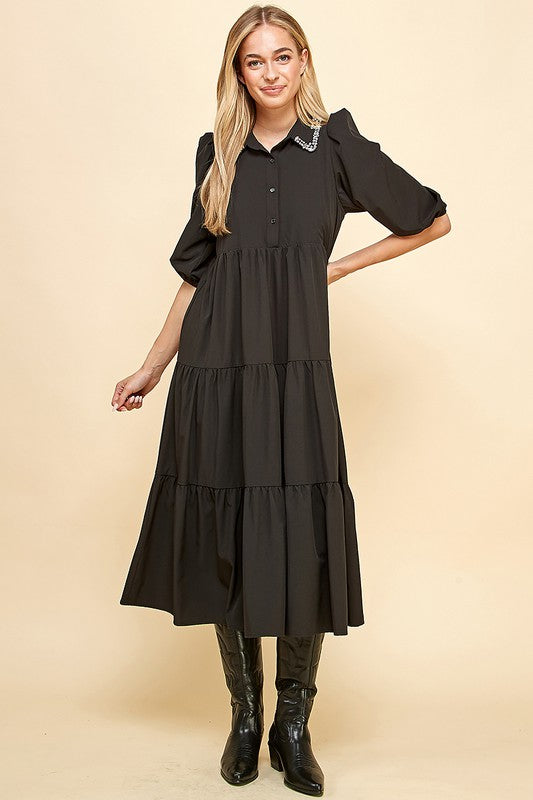 Black Bedazzled Collared Midi Dress Clothing Pretty Follies   