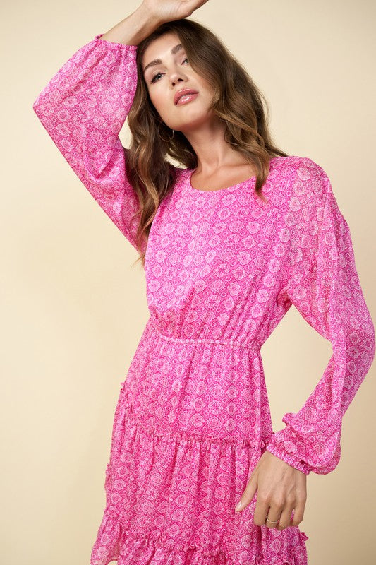 Pink Lng Slv Pattern Tiered Dress Clothing Skies Are Blue   