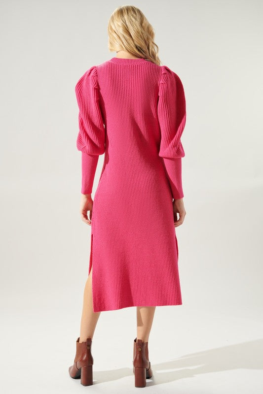 Hot Pink Puff Slv Knit Sweater Dress Clothing SugarLips   
