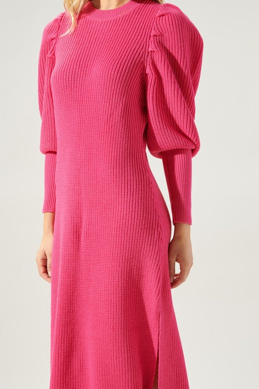 Hot Pink Puff Slv Knit Sweater Dress Clothing SugarLips   